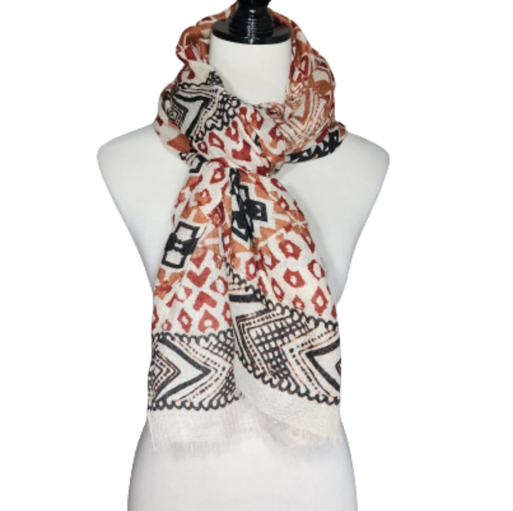 Long rectangle scarf with fringe Geometric cream burgundy burnt orange black